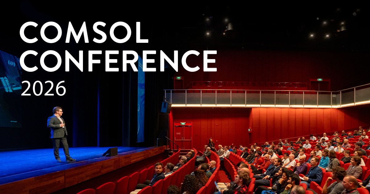 An advertisement for the COMSOL Conference 2026 showing one presenter on stage.