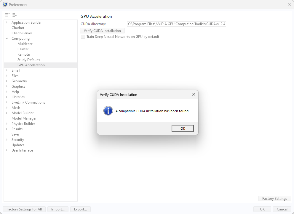 A UI screenshot of the Preferences window in COMSOL Multiphysics version 6.3 with the Verify CUDA Installation dialog open on a Windows® operating system.