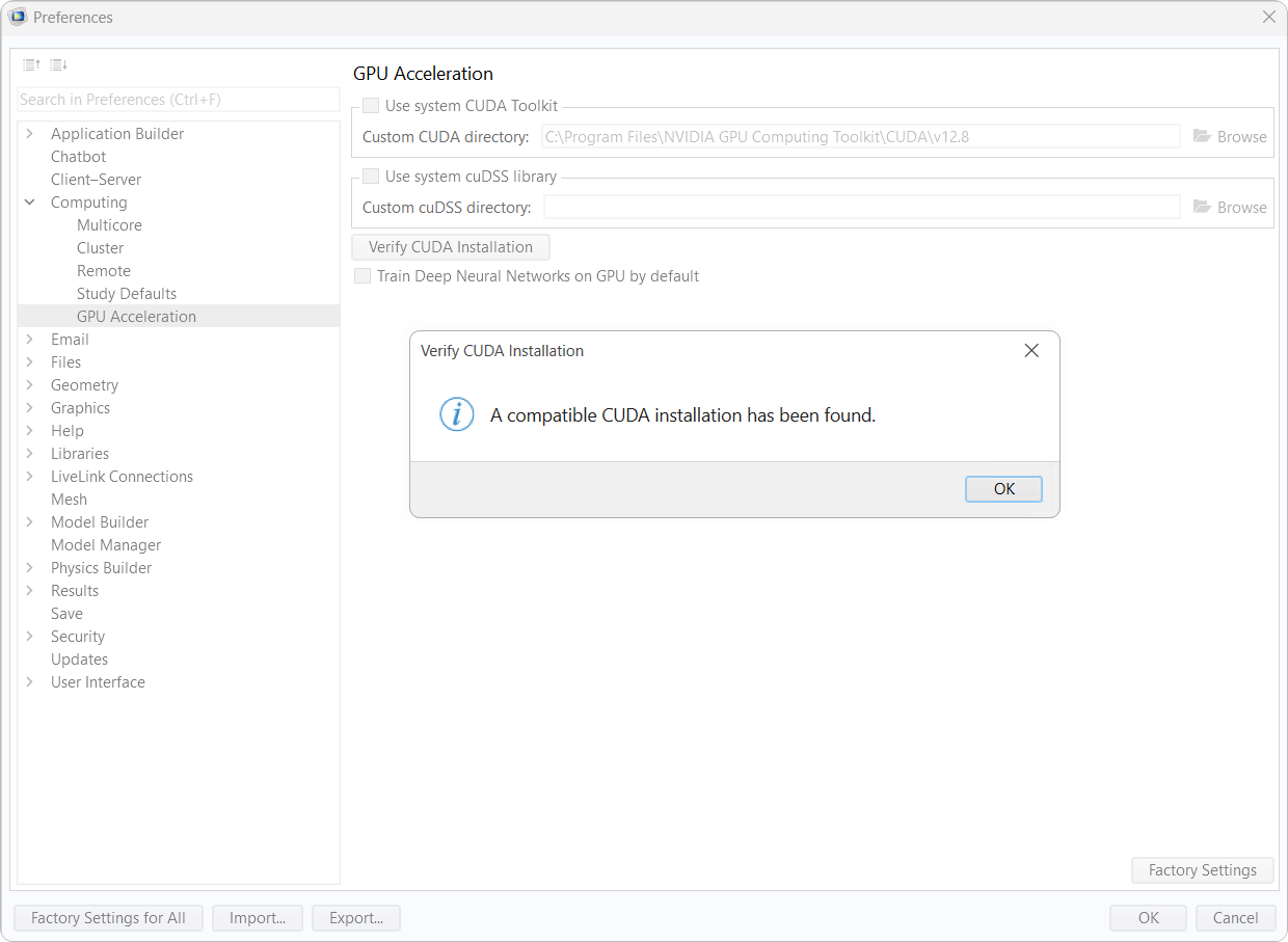 A UI screenshot of the Preferences window in COMSOL Multiphysics version 6.4 with the Verify CUDA Installation dialog open on a Windows® operating system.